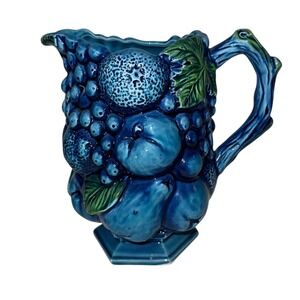 Vintage Inarco Indigo Blue Fruit Embossed Pitcher Vase E2429 Japan Retro 6.5"